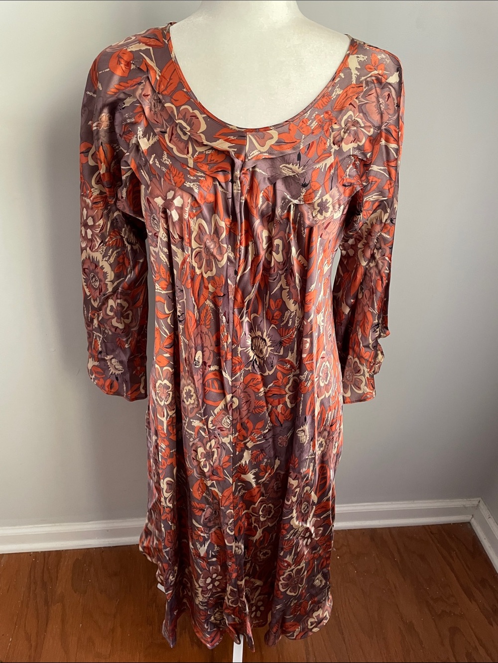 Aoyama Itchome Floral Pintuck Silk Dress in Rust and Mauve Size Large
